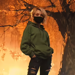 a young blonde woman wearing black mask in front of trees