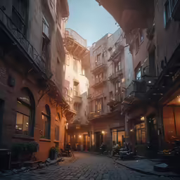 an alleyway in an old european city at dusk