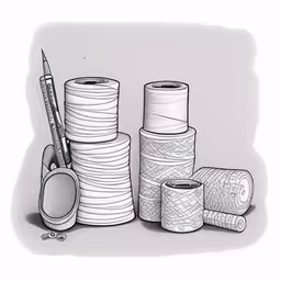 a penciled drawing of several rolls of fabric and a pair of scissors,a bunch of different items that are stacked together