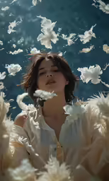 a woman with her eyes closed, and petals falling around