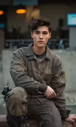 a young man is sitting on a wooden bench wearing a camouflage coat