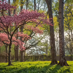 pink trees in the woods with green grass