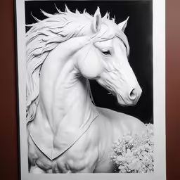 a black and white photo of a horse in a frame