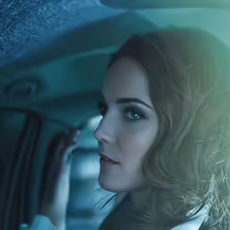 a beautiful young woman sitting in a car