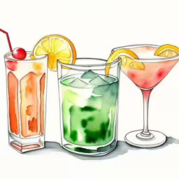 three glasses with different drinks are shown,three glasses with different drinks sit in front of each other,three different colored drinks with fruit on the rim,a drawing of three different types of drinks,three alcoholic cocktails, each with lime and red curran