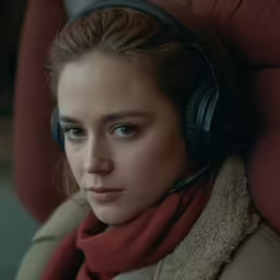 a woman in a coat and headphones looking to the right