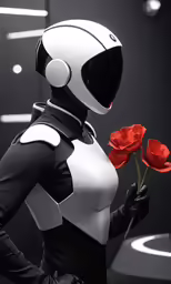 a white and black robot woman is holding three red flowers