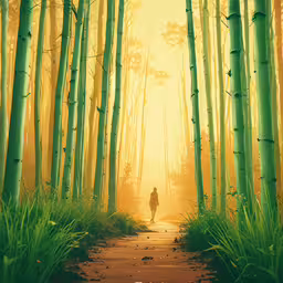 a person walking in an area filled with tall bamboo trees,the person is walking alone in the forest