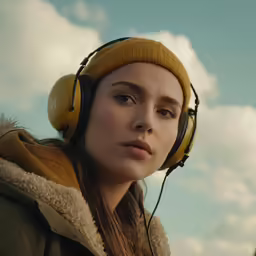 woman with ear buds wearing headphones on a windy day