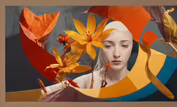 a woman with flowers in her hair and the image is overlaid,a woman is shown in collage with yellow flowers