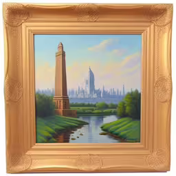 a picture frame with a painting of a river and the washington monument,a painting of a large bell tower next to water