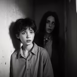 a young boy in a shirt and another person in a bathroom