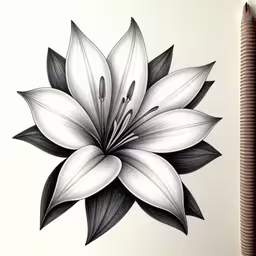 a drawing of a flower in black and white,a pencil drawing of a large white flower