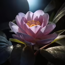 an illuminated pink flower on a leafy plant in the sun