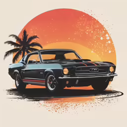 an old ford mustang is in front of a sunset