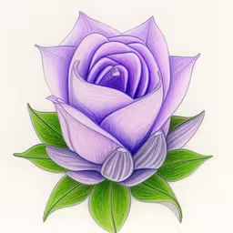 a drawing of a single flower on paper,a penciled drawing of a purple rose with leaves