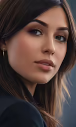a beautiful woman wearing gold hoop earrings and a jacket