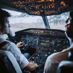 the cockpits of an airplane with lights on and instruments displayed
