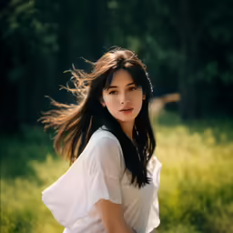 a woman is standing in a field with green grass