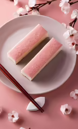 two slices of pinkishish rice cake on a plate with chopsticks