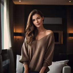 a woman posing with her long hair styled in a blouse