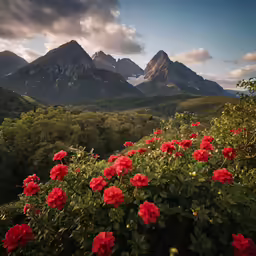 red flowers and mountain backdrop in the evening