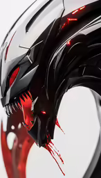 the futuristic looking helmet features red eyes and fangs