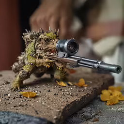 lizard model with gun scope in mouth