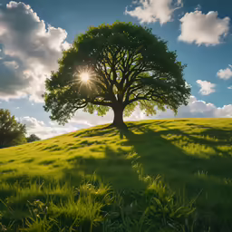 an empty tree on the top of a grassy hill