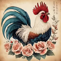 a rooster with a bunch of pink roses