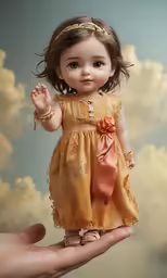 small doll dressed in a yellow dress sitting on hand