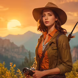 a woman holding a camera while standing in the wilderness,a girl holding a camera with mountains in the background