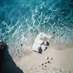 a white piece of furniture laying on top of a beach next to the ocean