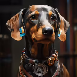 a dog with a collar and tags that are wearing some kind of earrings