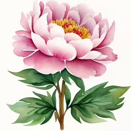 the large pink flower is with green leaves,a close up of a pink flower with a white background