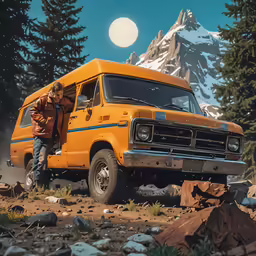 a man is standing in front of an orange van