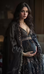 an oriental woman in black and gold dress with large breast
