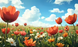 a field full of lots of flowers with clouds above them