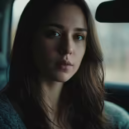 a woman sitting in a car with the sun shining on her face