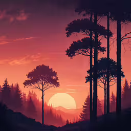 the sun sets in a hazy forest as a silhouette of trees,an artist