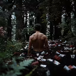 man with shirt on standing in forest with wrapped packages and cigarette
