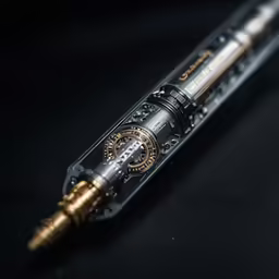 a metal pen sitting on top of a black surface