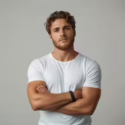 a man standing in a white t - shirt posing for a picture