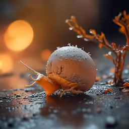 the small snail is crawling on the wet surface