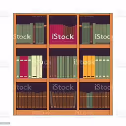 a wooden book case filled with books on top of a white floor,a bookcase with books and numbers on it royalty