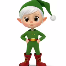 an animated little elf wearing red boots and green clothing