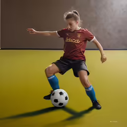 a little girl in uniform kicking a soccer ball