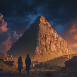 a couple standing in front of a huge stone mountain