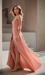 a woman in a pink dress is standing near stairs