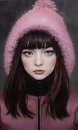 a little girl with brown hair and a pink coat